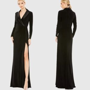 IEENA for MAC DUGGAL Black Long Sleeve Faux Tuxedo Gown